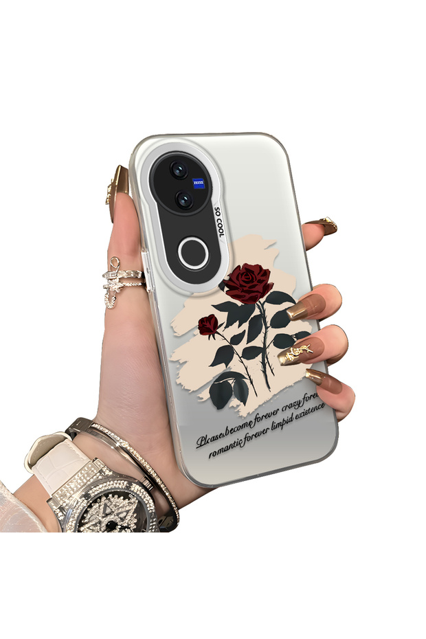 Vivo V50 Compatible Retro Red Rose Printed Impact Protective Hard Case
