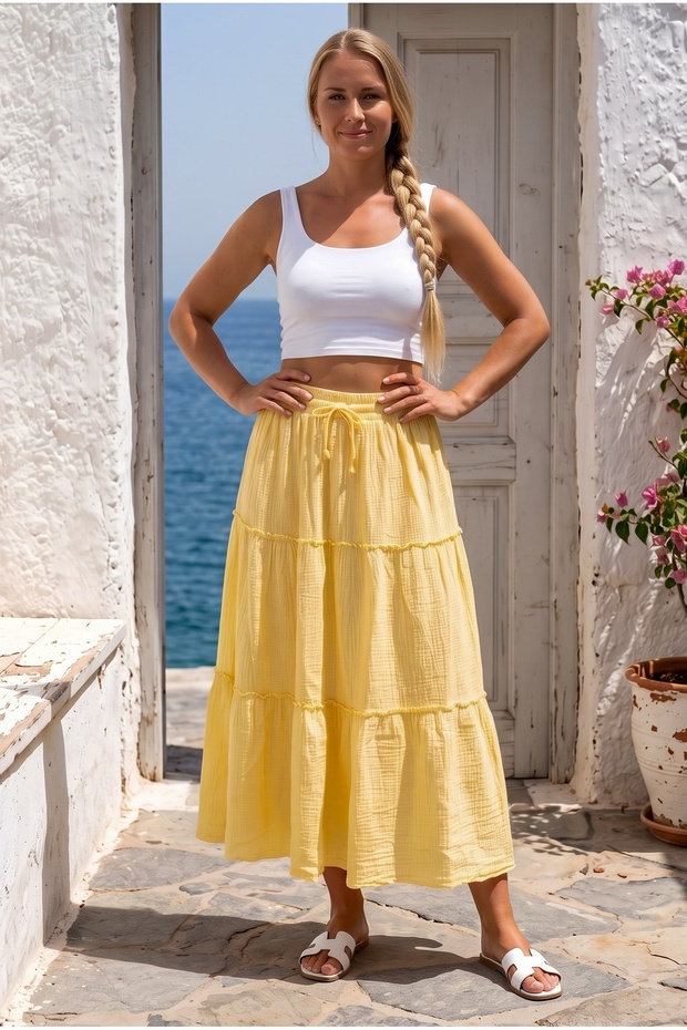 Yellow Pocketed Layered Skirt with Ruffles at the Hem, Elastic and Tieable Waist, Casual Muslin Woven Skirt 90 75