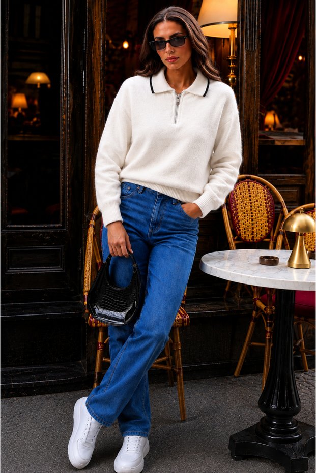 Women's Beard Thread Detailed Zippered Shirt Collar Soft Sweater