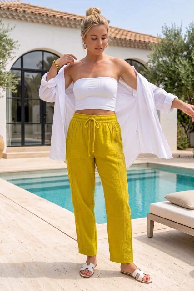 Mustard Pocketed, Embroidered Sides, Elastic and Tie-Waist, Straight Leg Casual Muslin Woven Trousers 96 60