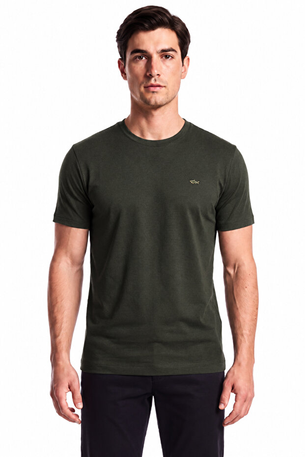 Men's Regular Fit Metallic Logo Detailed Round Neck Short Sleeve Khaki T-Shirt