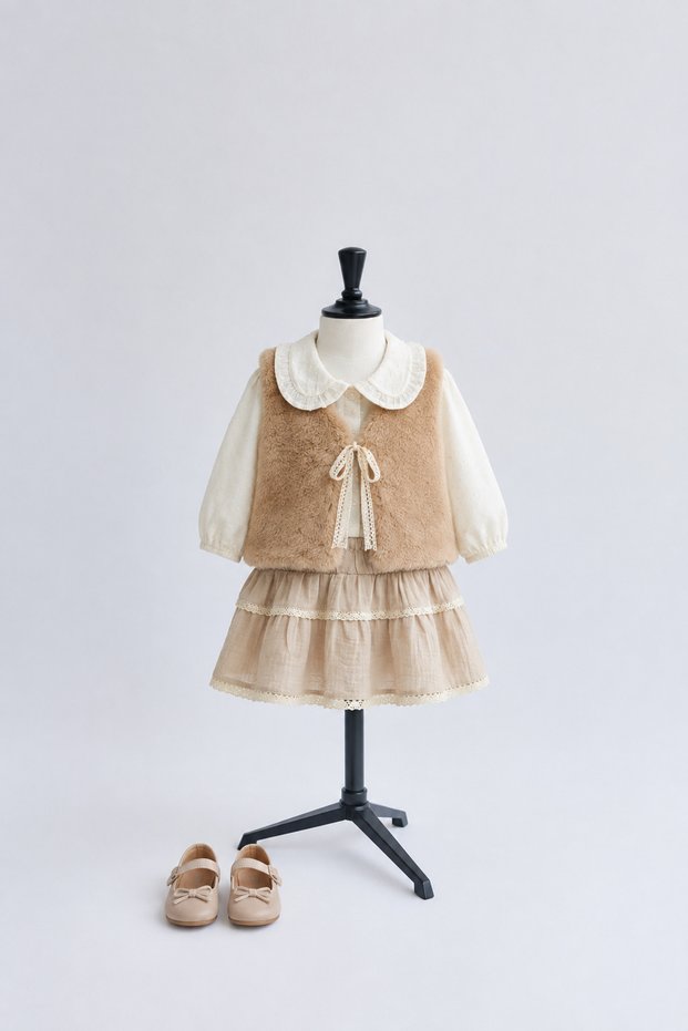 Baby Girl 3-Piece Set Plush Vest Textured Shirt Lace Embroidered Skirt Holiday Special Occasions Daily Wear
