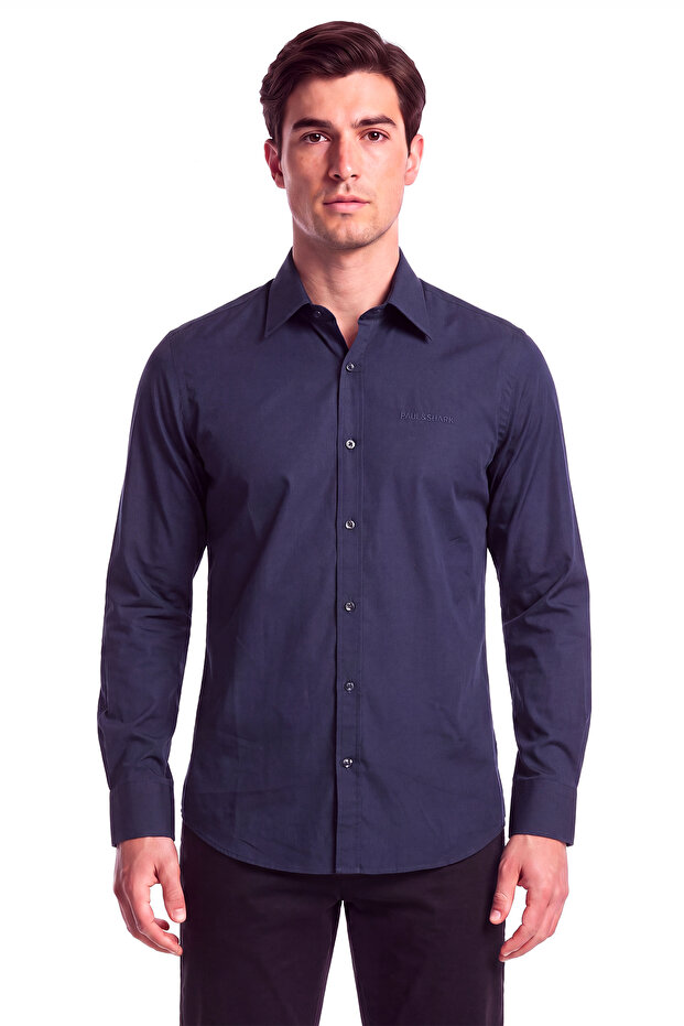 Men's Regular Fit Cotton Logo Embroidered Long Sleeve Navy Blue Shirt