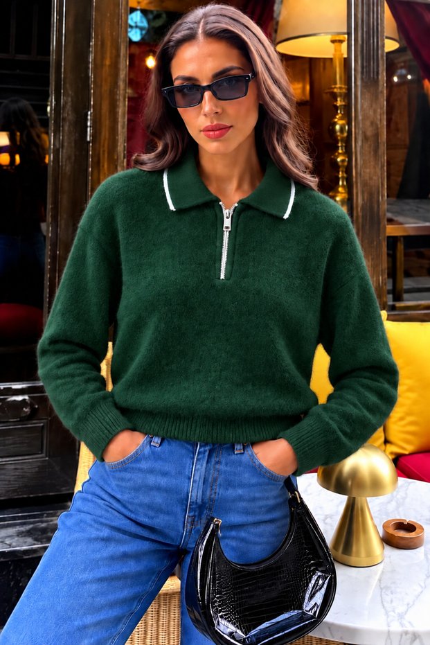Women's Beard Thread Detailed Zippered Shirt Collar Soft Sweater