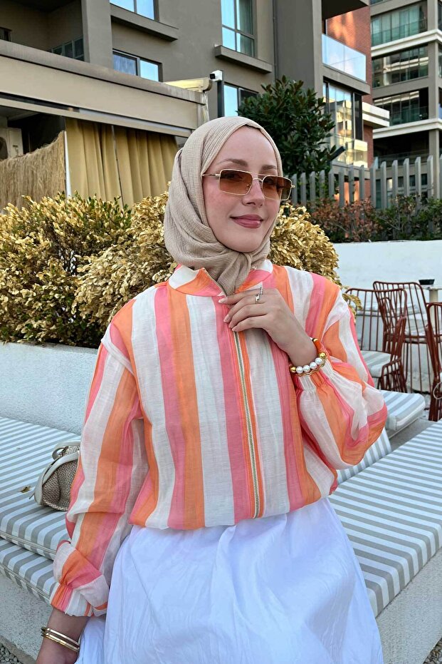 Women's Three Color Thick Stripe Detail Jacket Orange