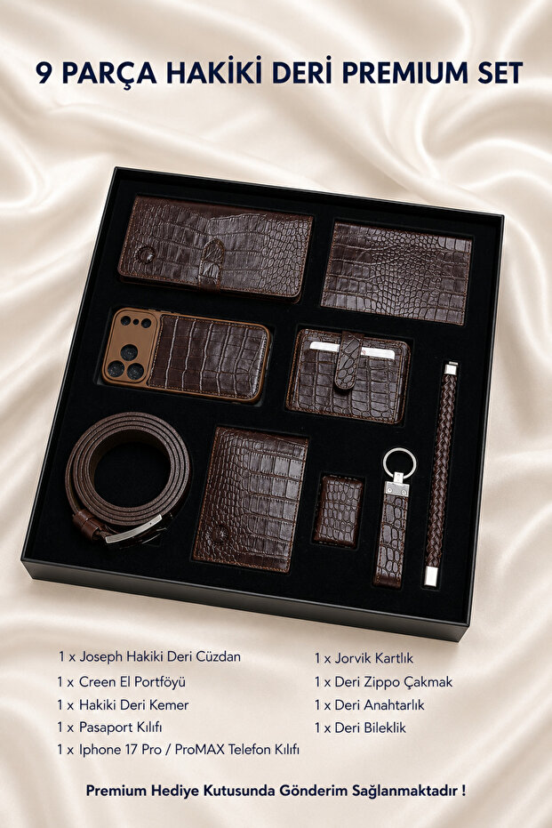 iPhone 17 Pro Compatible 9 Piece Genuine Leather Men's Gift Set Wallet Belt Case Croco Brown