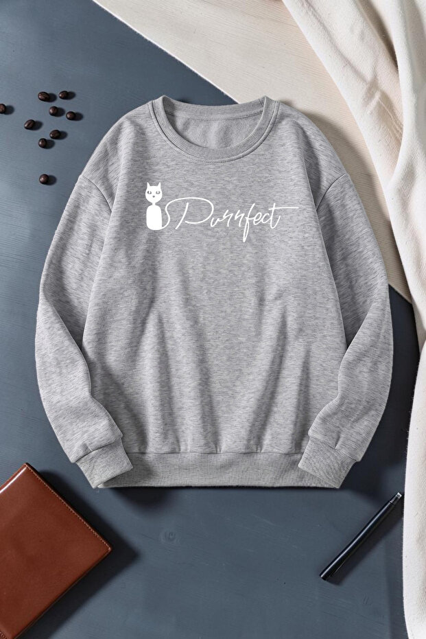 Unisex Cat Purrfect Printed Crew Neck Sweatshirt