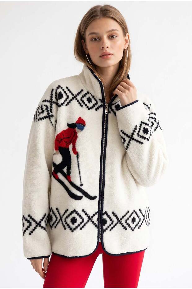 4981 Women's Ski Themed Soft Textured Fleece Sweatshirt with Pockets