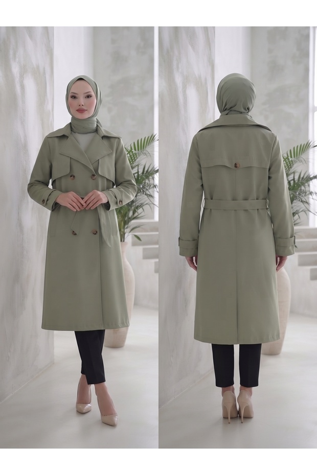 Double-Breasted Collar Bondik Water Repellent Fabric Lined Trendy Model Below the Knee Trench Coat Mint Green