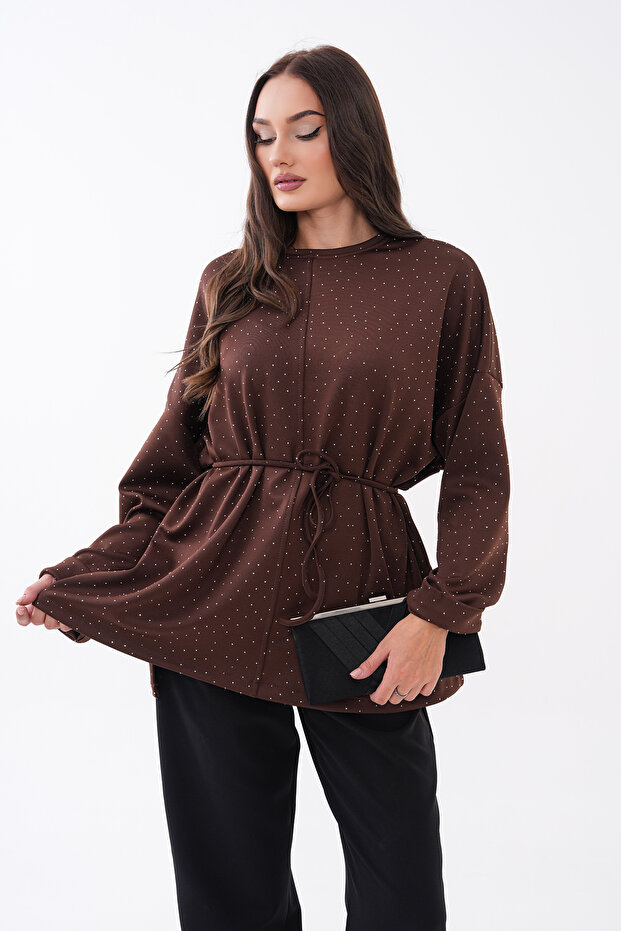 Stone-Detail Oversized Tunic with Slits