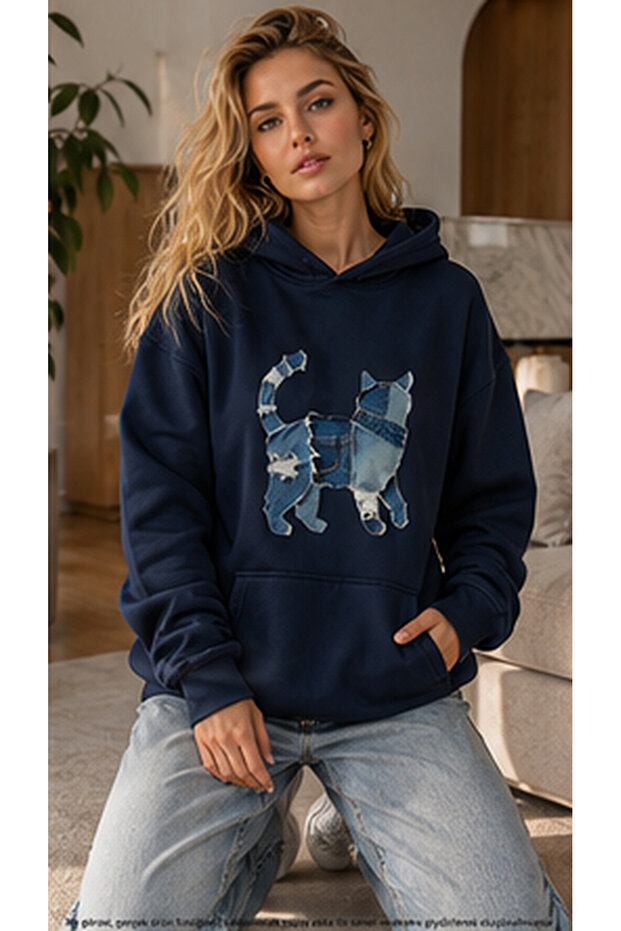 Women's Denim Effect Cat Figure Print Hooded Cotton Casual Sweatshirt with Kangaroo Pocket