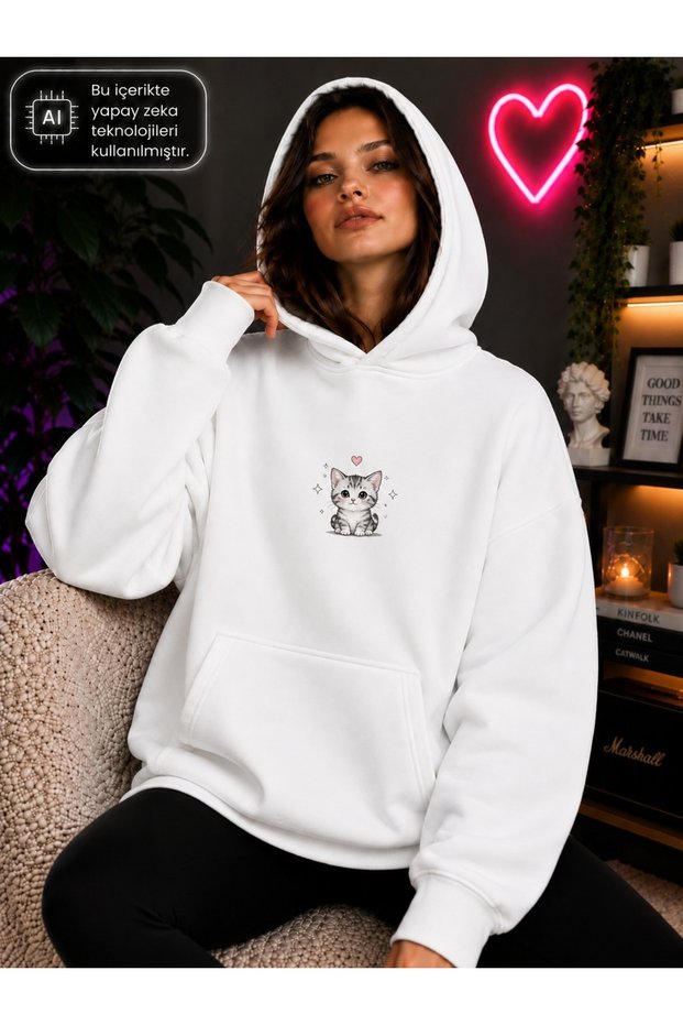 Women's Cute Kitten Printed Hooded Kangaroo Pocket Cotton Casual Sweatshirt