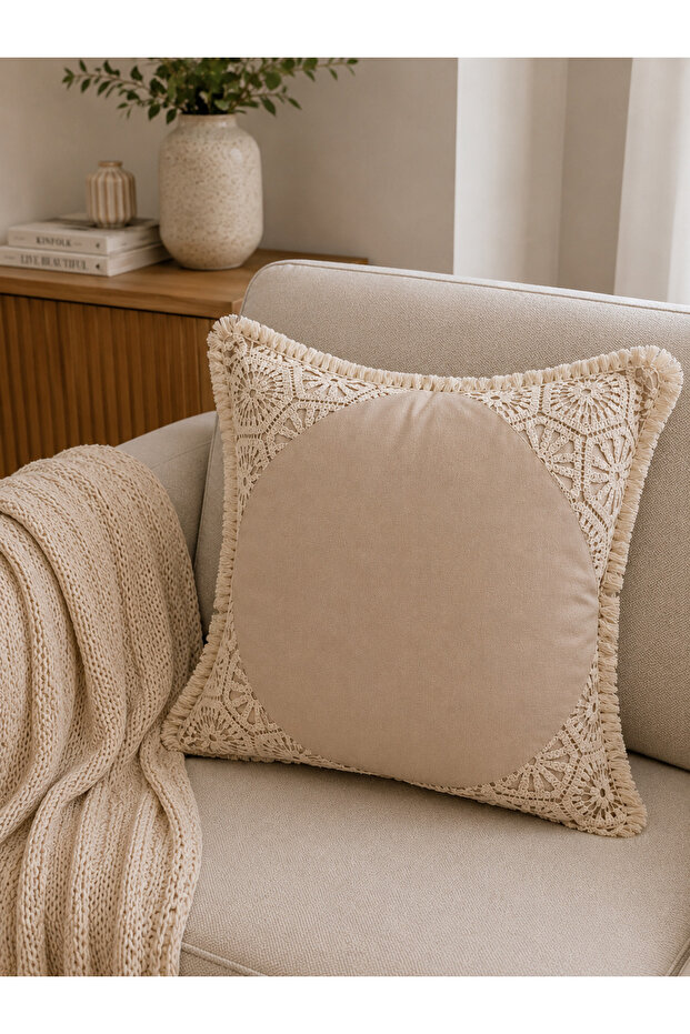 Aura Lace Detailed Tasseled Beige Throw Pillow Cover