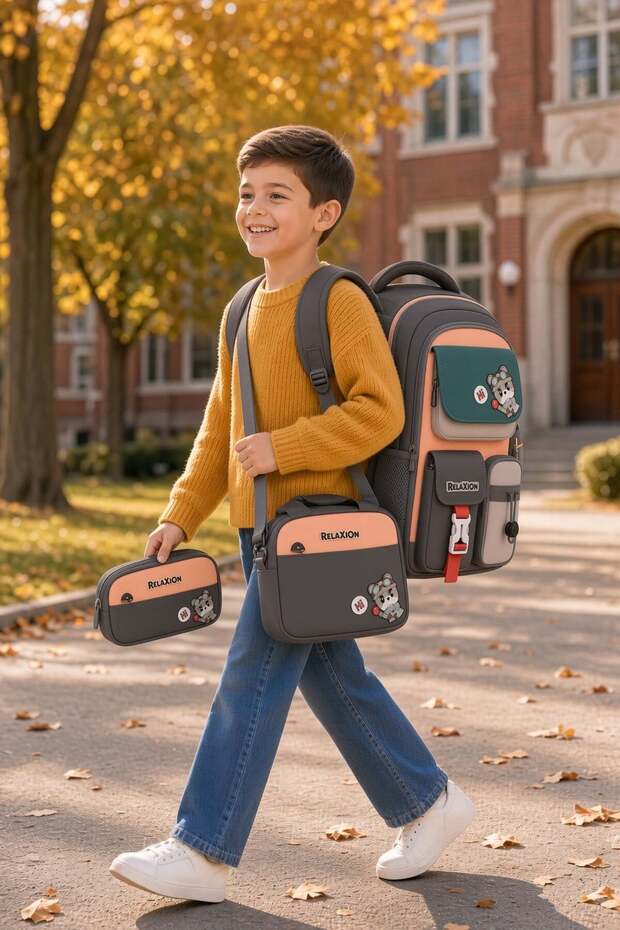School Bag Set of 3 Brown Backpack Lunch Bag Pen Holder Orthopedic Bag