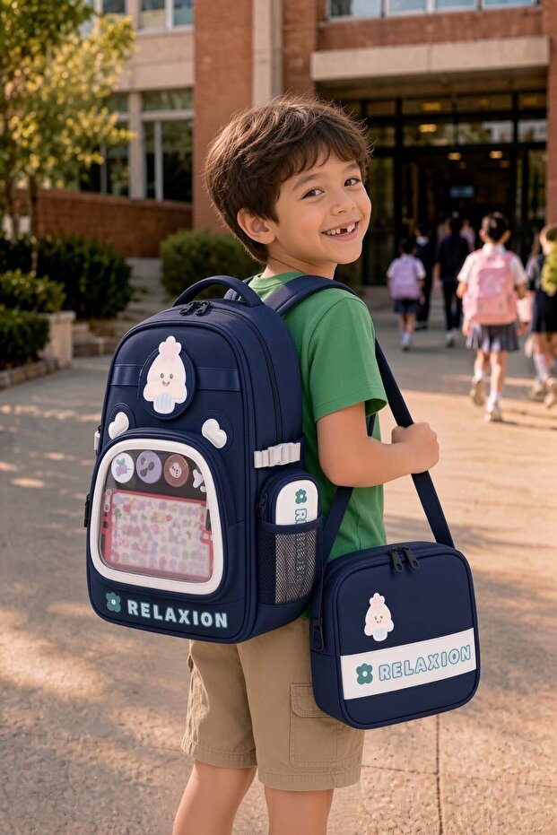 School Bag Set of 3 Navy Blue Backpack Lunch Bag Pencil Case Orthopedic Water-Repellent Student