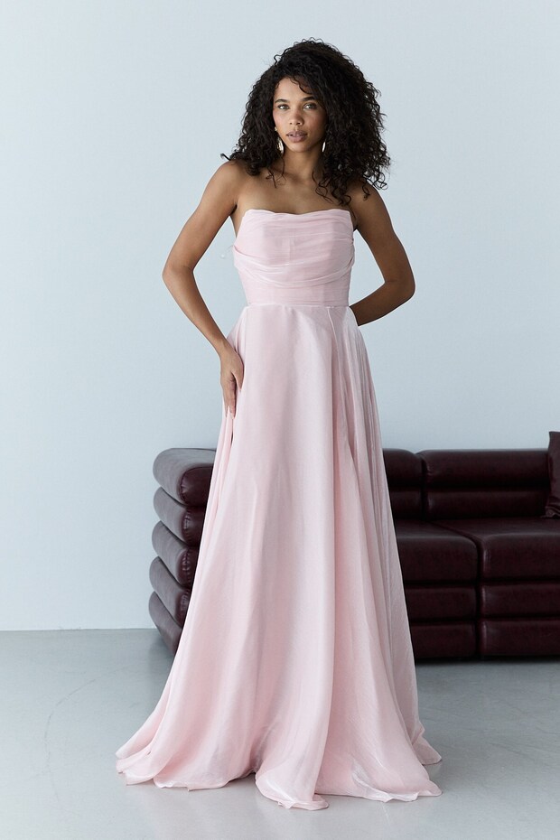 Powder Strapless Collar Draped Chiffon Long Evening Dress