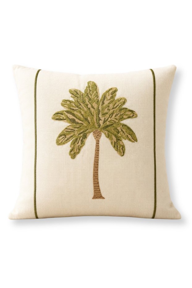 Palm Tree Embroidered Decorative Cushion Cover with Piko Detail 42X42 cm – Ecru Green Living Room and Sofa Cushion
