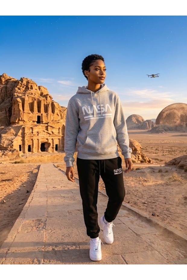 Unisex Nasa Oversize Hooded Tracksuit Set Loose Fit