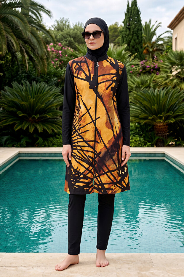 Parachute Patterned Fully Covered Hijab Swimsuit 6029 Black07
