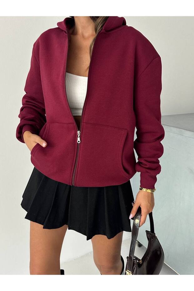 Women's Burgundy Hooded Pocket Zippered 3-Thread Shardooned Oversize Loose Fit Plain Basic Full Length Sweatshirt Sgt5005