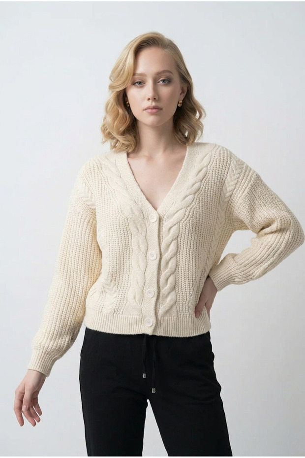 V-Neck Selenik Knit Detailed Comfortable Fit Draped Sleeve Women's Thick Knitwear Cardigan