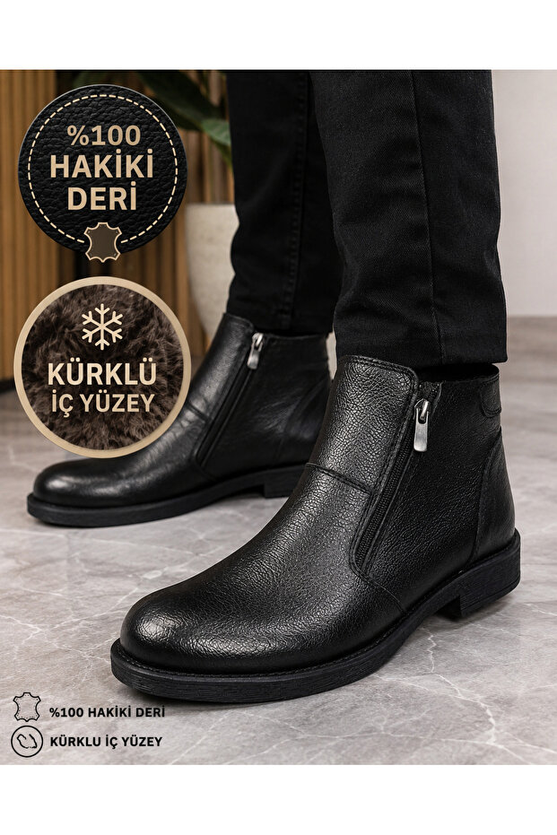 100% Genuine Leather Men's Boots with Fur Inside, Warm and Zippered, Casual Winter Boots