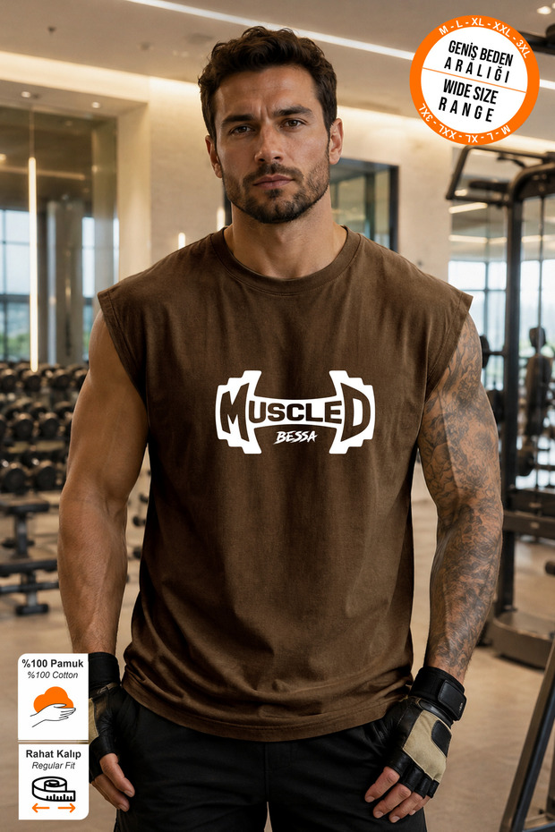 Brown Muscled Printed Sports Athlete T-Shirt Crew Neck Cotton Single Jersey Fabric Men's