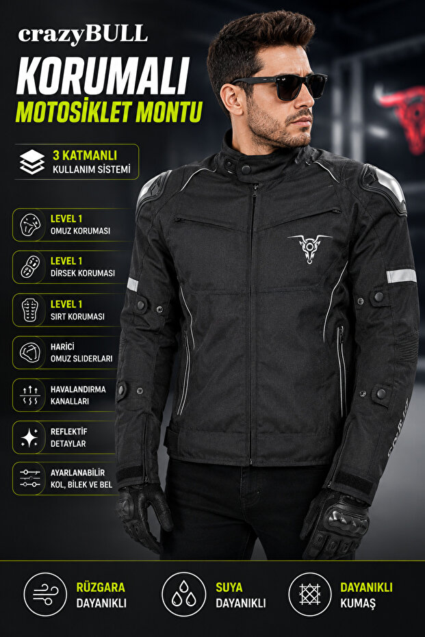 Crazybull Matador Black Men's 4 Season 3 Layer Protection Reflective Motorcycle Jacket