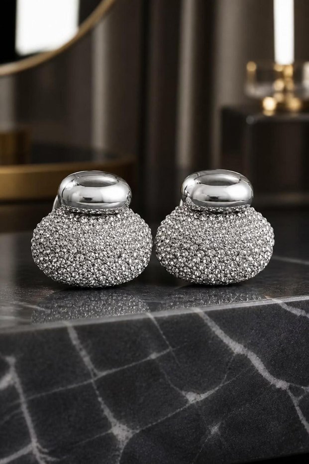 Silver Color Zircon Stone Curved Oval Earrings - Glamorous Stud Earrings for Women