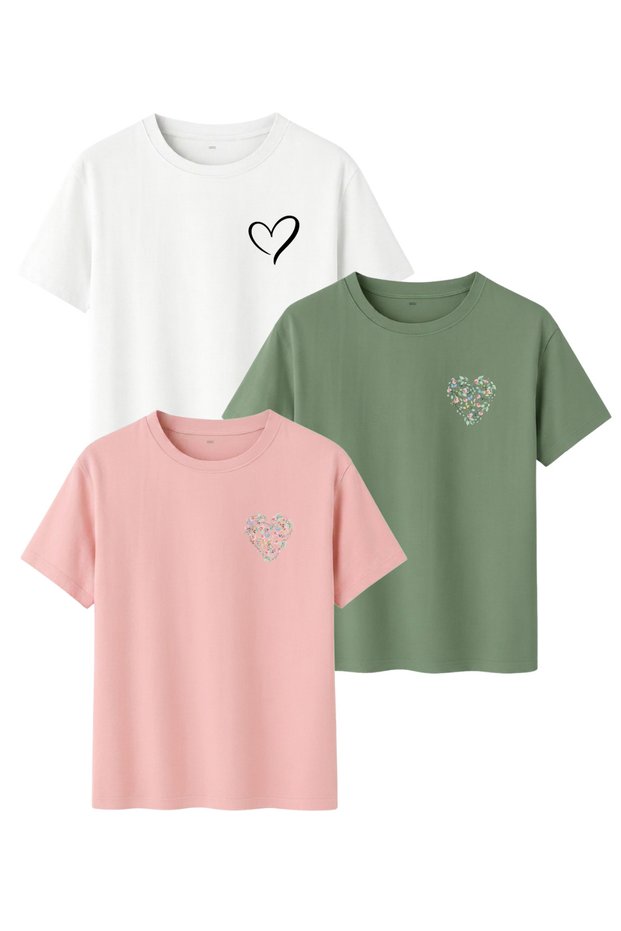 Women's 3-Piece Heart Printed T-Shirt Set 100% Cotton White Çağla Powder