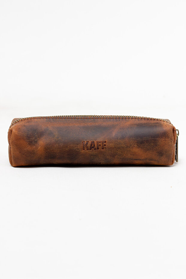 Genuine Calfskin Leather Medium Size Single Compartment Premium Zippered Pen Holder Tan