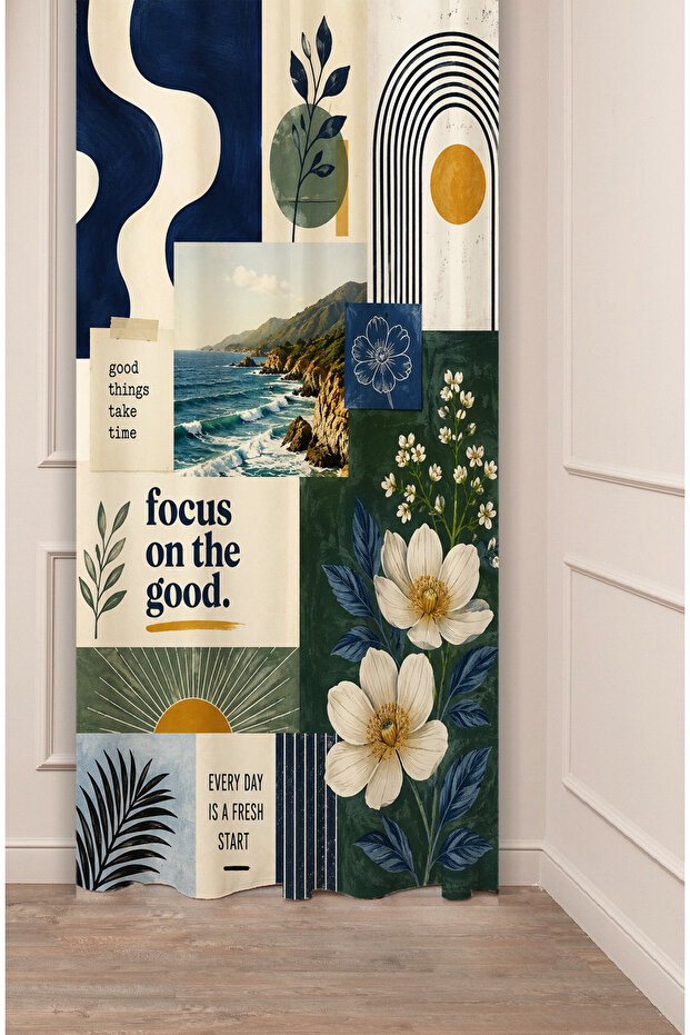 Sun & Coastal Vibes Collage Sun, Sea Illustration Collage Patterned Digital Printed Background Curtain