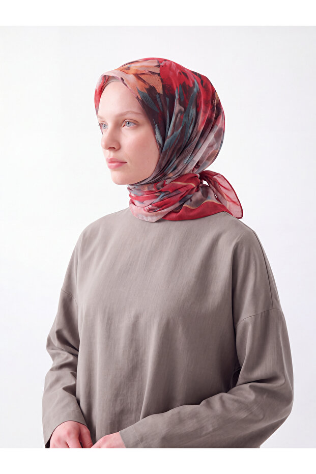 Nevbahar Floral Point Patterned Double-Sided Scarf - Red
