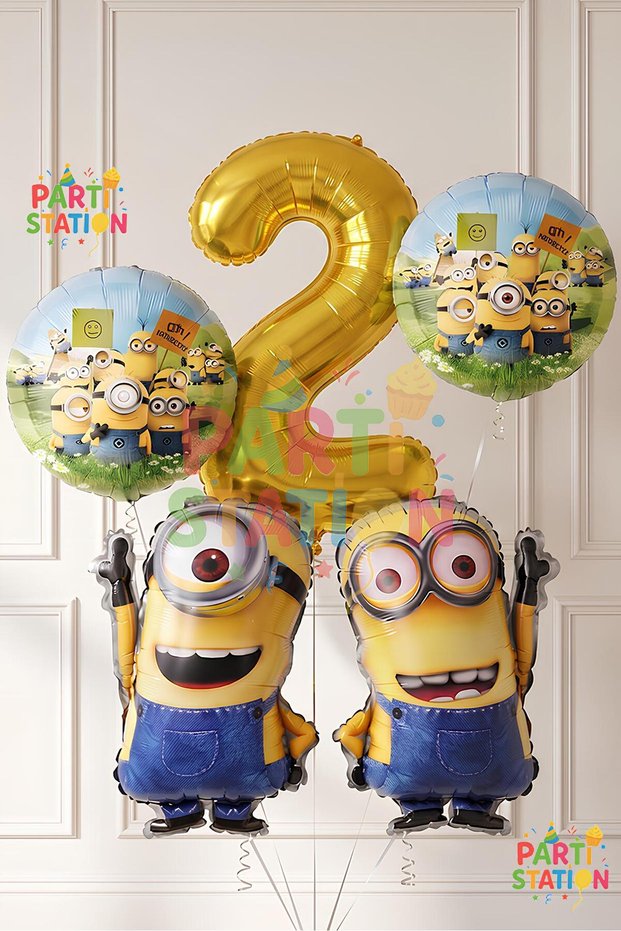Minions Balloon Set 5 Pieces 2-Year-Old Minion Kevin and Minion Stuart Birthday Set Gold Color Number Foil Balloon and Minion Foil Balloon Set