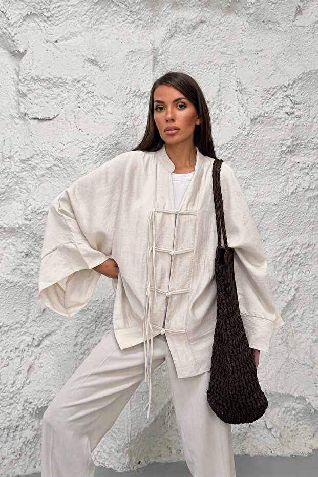 Women's Hakim Collar Brit Buttoned Fringe Detailed Wide Sleeve Jacket Kimono 0133 - Ecru
