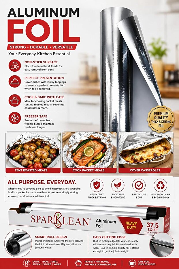 Heavy Duty Aluminium Foil Roll 1.5kg, 45cm Non-Stick Surface, Freezer Safe, Food Safe & Non-Toxic, Smart Roll Design, Easy Cutting Edge