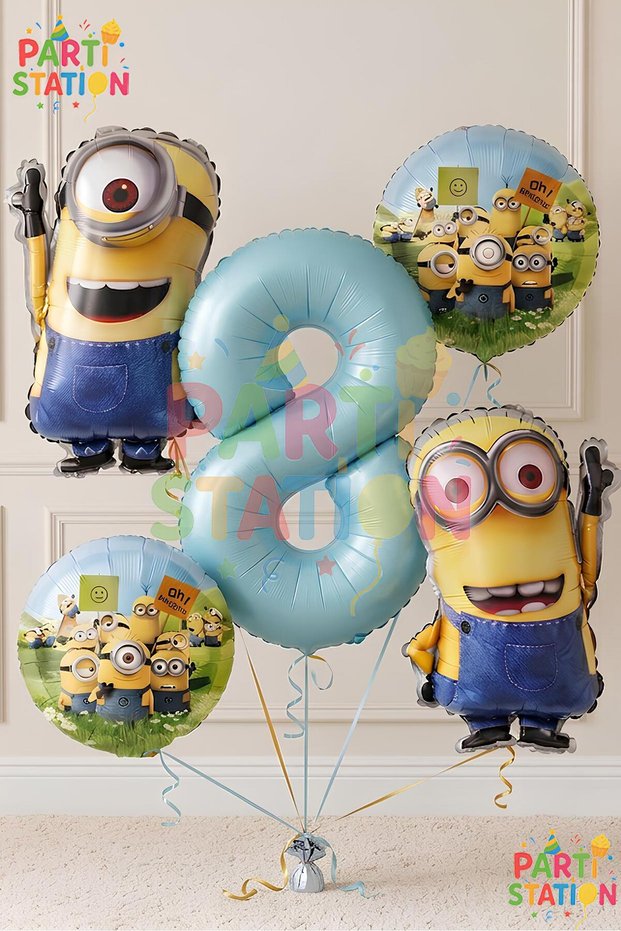 Minions Balloon Set 5 Pieces 8 Years Old Minion Kevin and Minion Stuart Birthday Set Blue Color Number Foil Balloon and Minion Foil Balloon Set