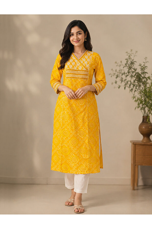 Yellow Bandhej Printed Cotton Straight Kurti