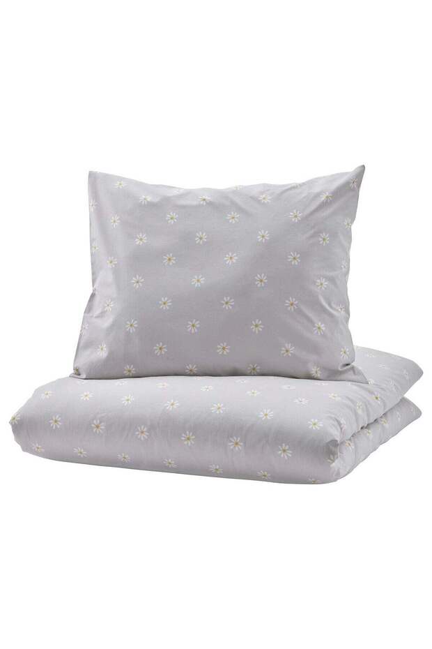 Children's Daisy Print Duvet Cover & Pillowcase, Grey/White, 150x200/50x80 cm