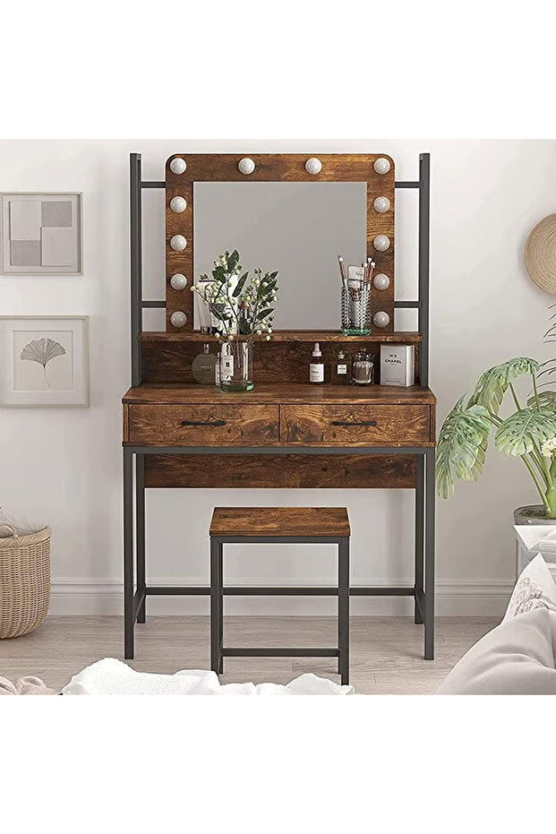 Dressing Table Vanity Style with Lighted Mirror Brown