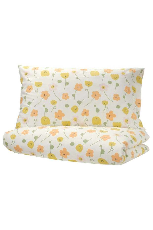 Kids Duvet Cover and Pillowcase, Smiling Flower Pattern, Multicolour, 150x200/50x80 cm