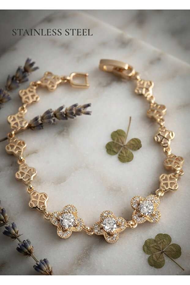 Brass Gold Color Zircon Stone Clover Model Bracelet