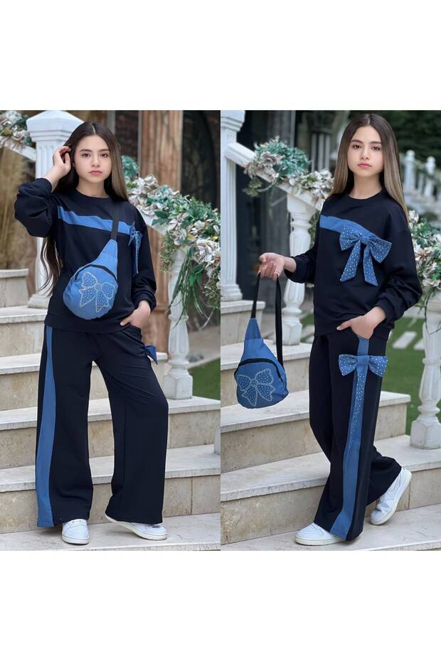 Girl's 3-Piece Set with Stone Bow Detail, Denim Stripes and Bag
