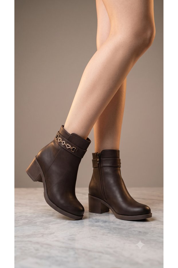 Women's Suede Textured Boots with Chain Accessories, Thick Block Heels, Zipper Closure, Stylish Boots