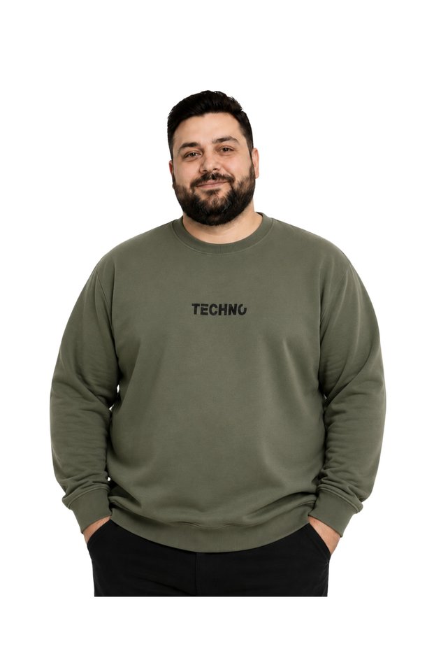 Men's Oversize Khaki Two-Thread Techno Sweatshirt 5Xl-6Xl-7Xl-8Xl