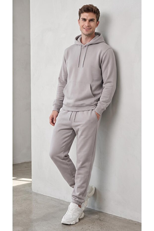 Men's Three Thread Compact Hooded Kangaroo Pocket Soft Textured Cotton Inside Sweatpants Set