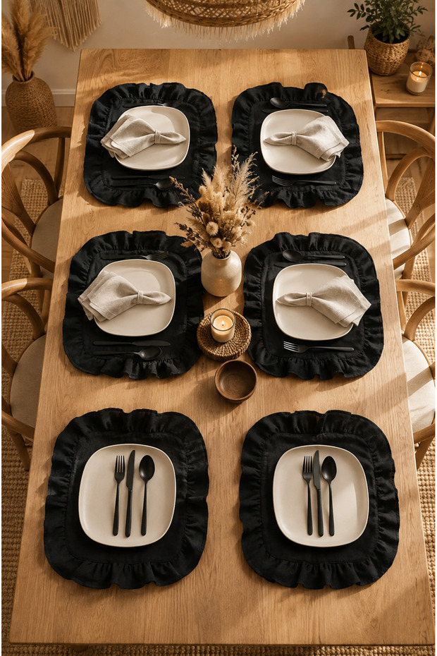 Firfirli Kare 6-Piece Plate Set, American Style 35 Cm, Black Color