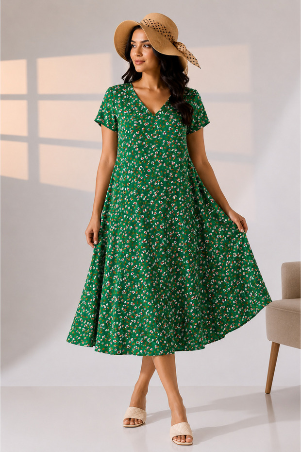 Summer Plus Size Viscose V-Neck Short Sleeve Dress 2688