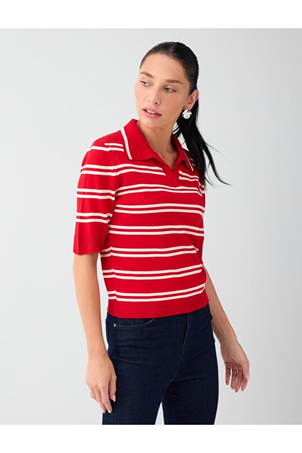 Red Stripe Patterned Shirt Collar Knit Sweater