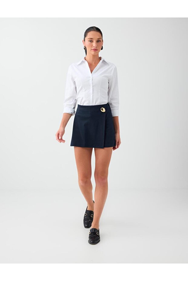 Navy Blue Short Skirt with Metal Accessory Detail